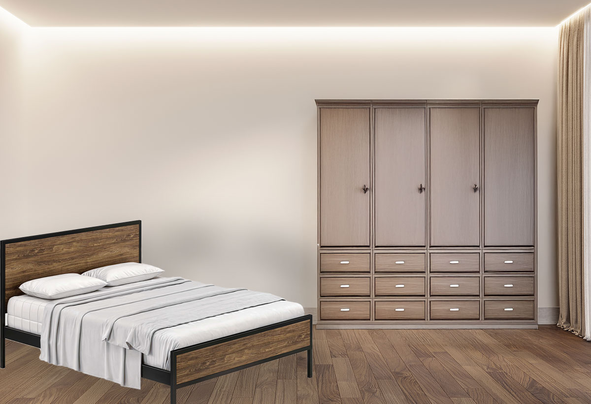 Το κρεβάτι τοποθετημένο σε ένα κομψό και μοντέρνο υπνοδωμάτιο.